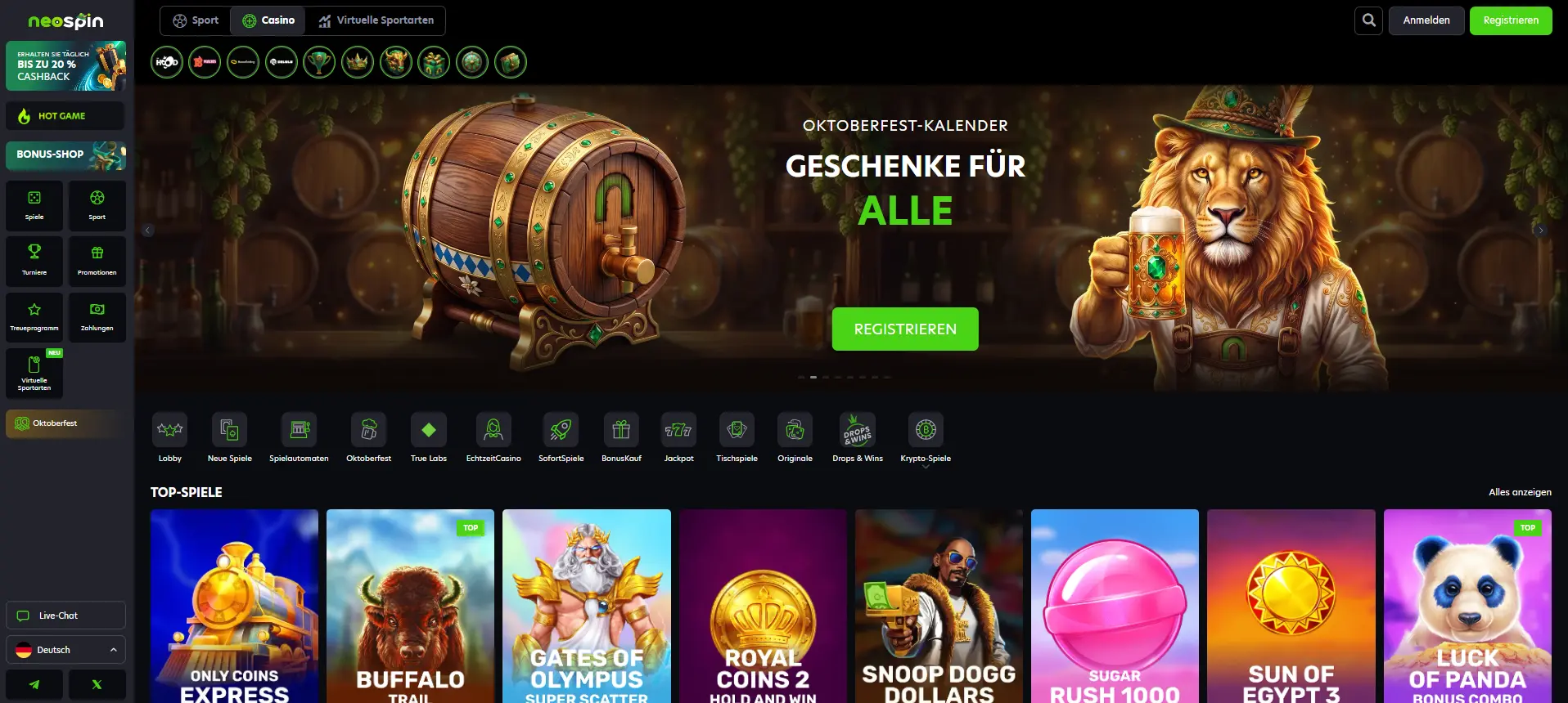 Benutzeroberfläche des NeoSpin Casinos auf Deutsch